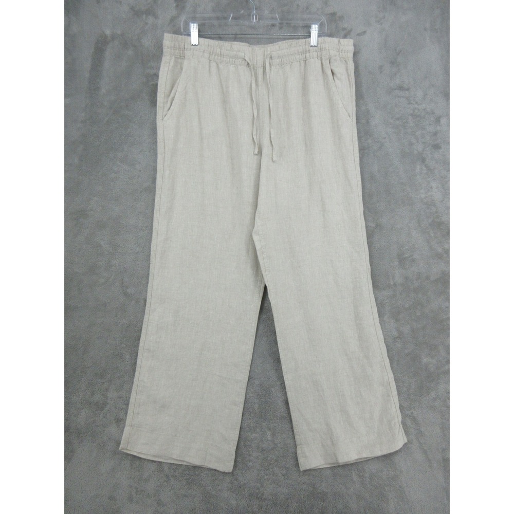 LL Bean Pants Womens Size 16 Tan Linen Drawstring Wide Leg Coastal Beach Resort